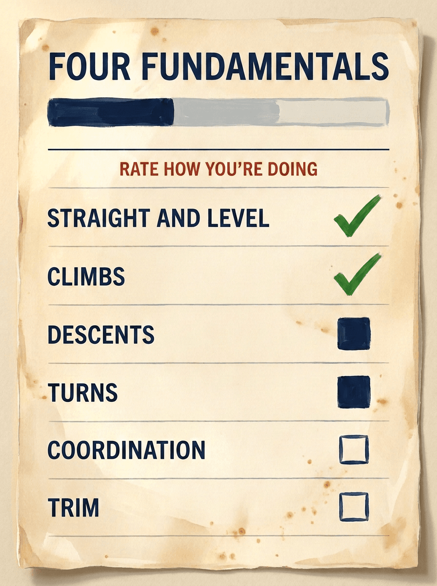 A painted rating sheet headed Four Fundamentals, with a part-filled progress bar and the rows Straight and Level and Climbs ticked, Descents and Turns marked, and Coordination and Trim still empty.