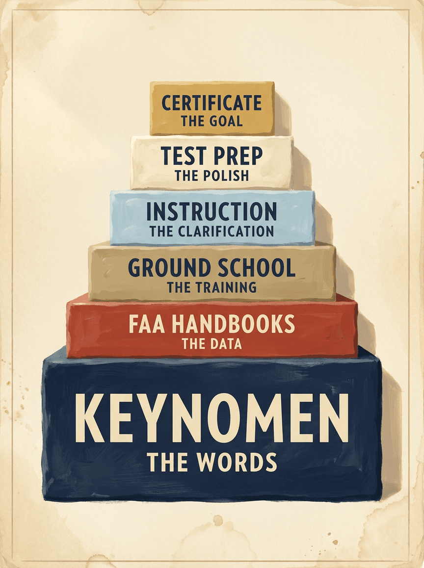 A painted stack of six blocks. From the bottom: Keynomen - the words; FAA Handbooks - the data; Ground School - the training; Instruction - the clarification; Test Prep - the polish; Certificate - the goal.