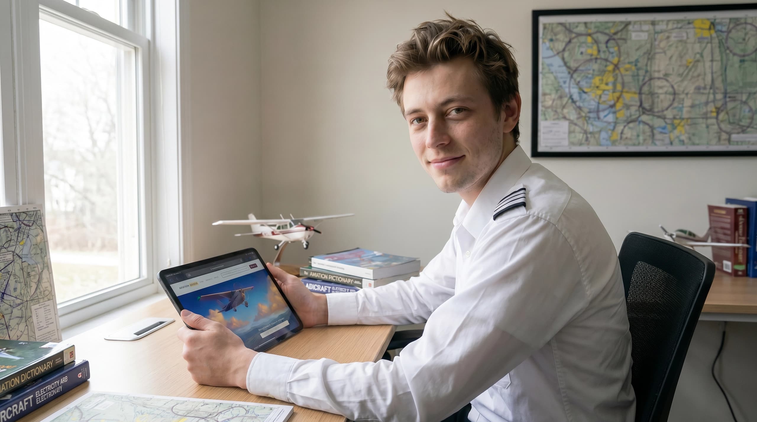 A confident student pilot studying with Keynomen on a tablet at a sunlit desk.