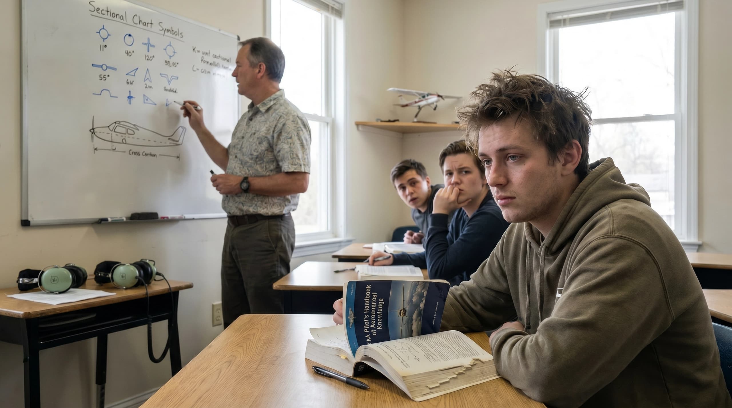 Flight students in a ground-school classroom, one looking overwhelmed as the instructor diagrams sectional chart symbols.