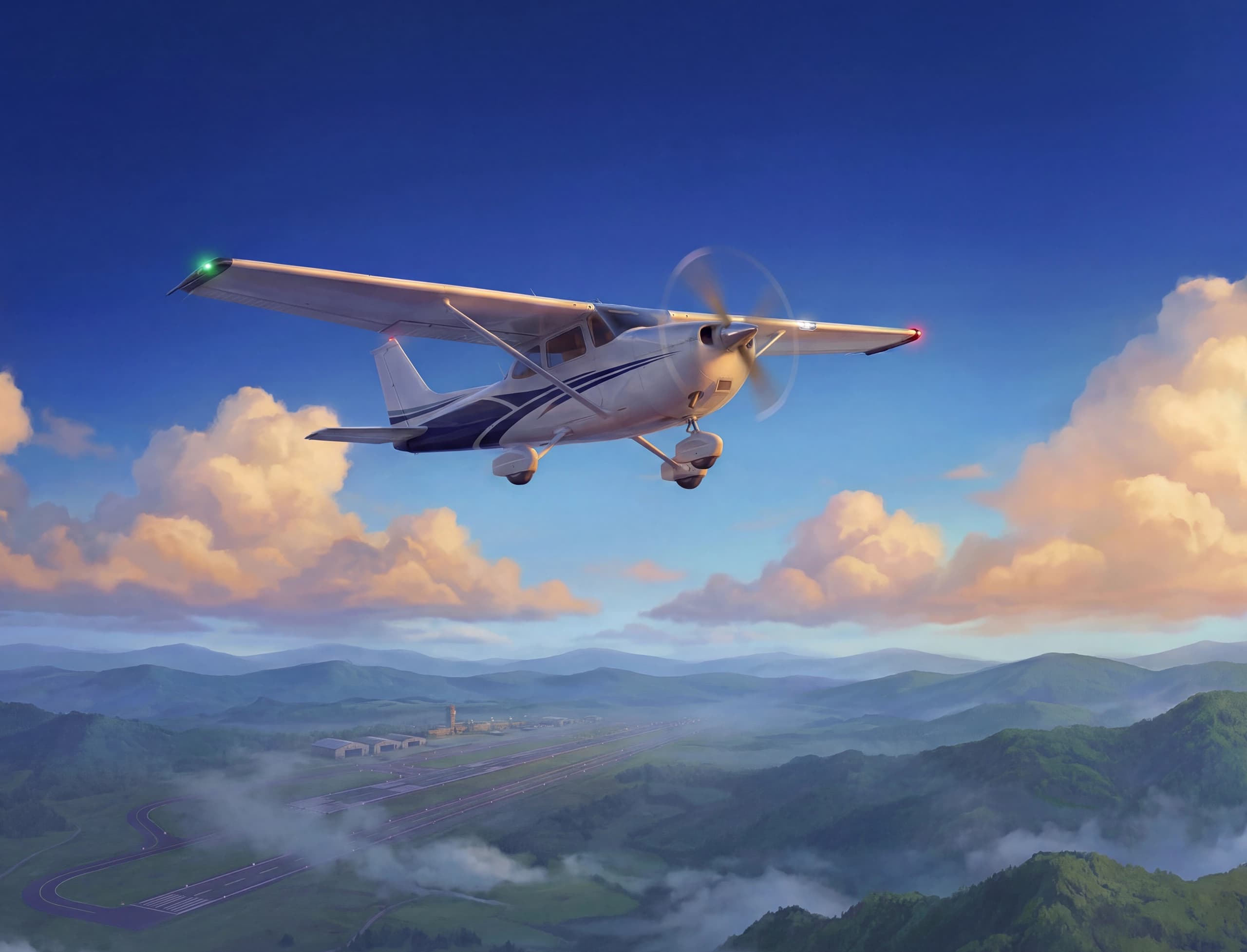 A Cessna 172 flying over a regional airport at dusk — Keynomen Aviation.