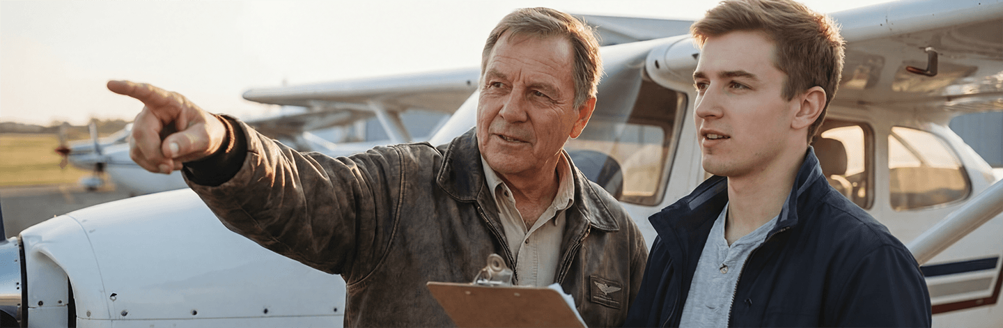 A flight instructor and a student pilot beside a Cessna on the ramp.