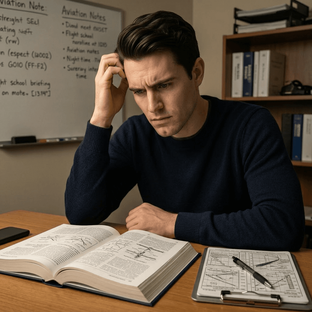 Joe at his desk, hand to his head, struggling over an open textbook