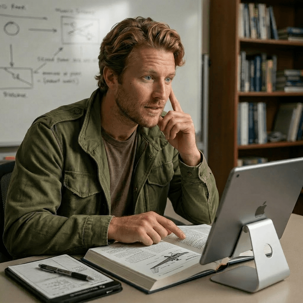 Charlie at his desk, alert and thinking it through with book and tablet