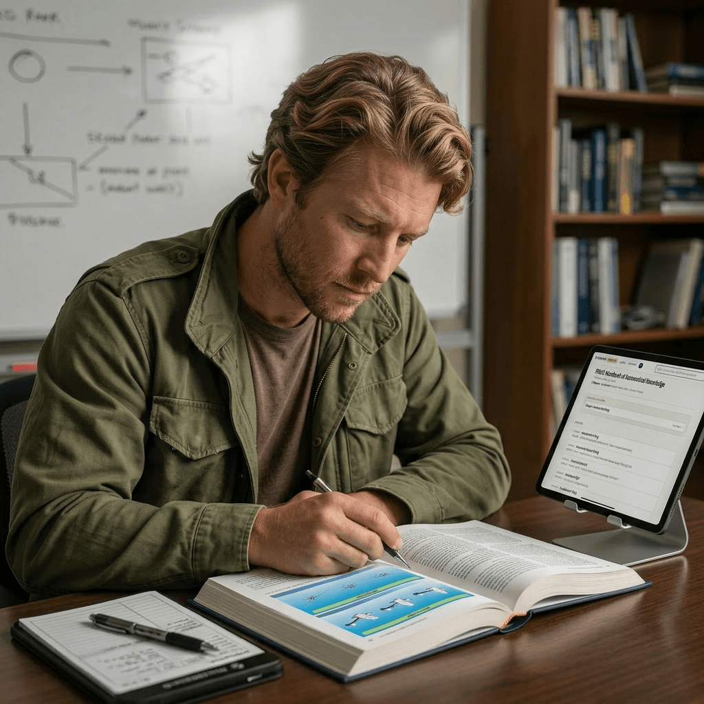 Charlie leaning in, writing notes, fully engaged with the material