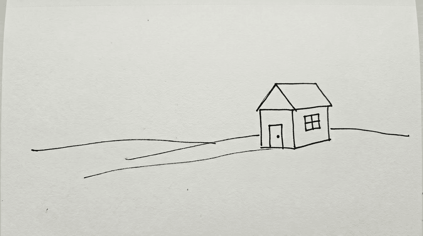 Marker sketch: a simple house with a door and a window on the field