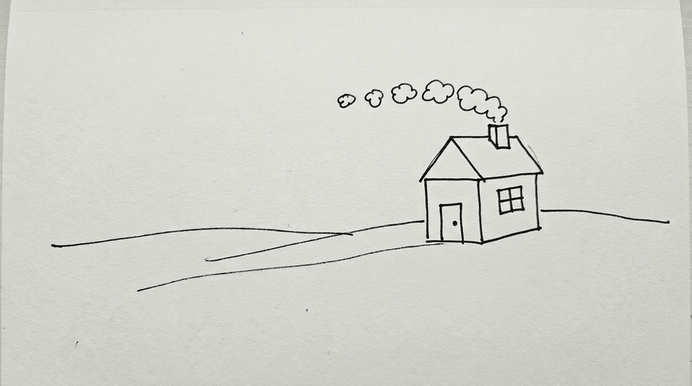 Marker sketch: the house now has a chimney with smoke