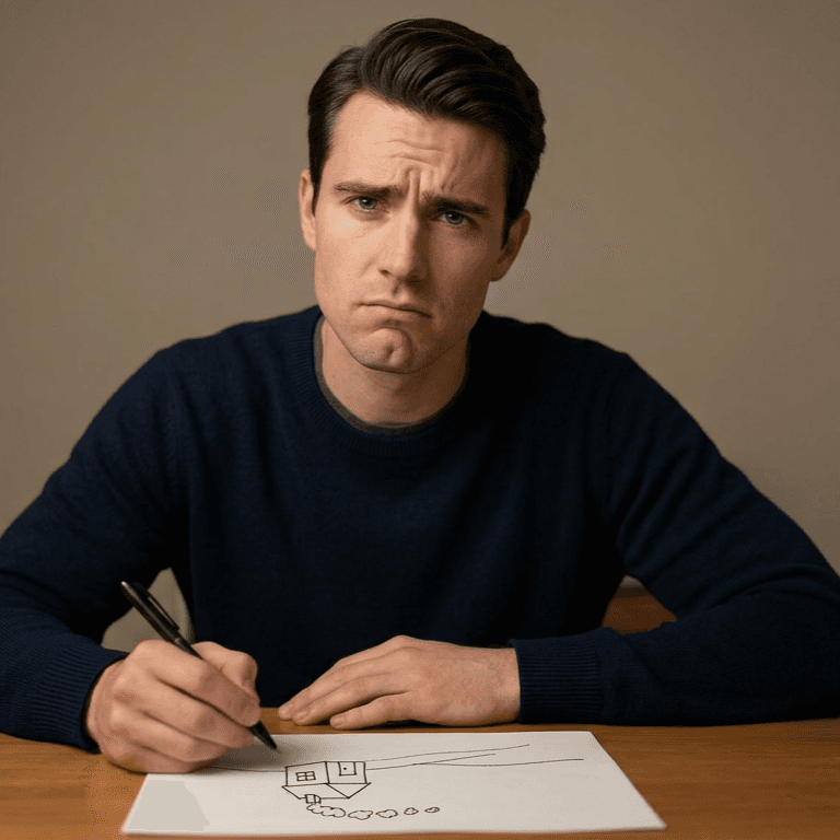 Charlie still puzzled, pen in hand, unsure what to draw