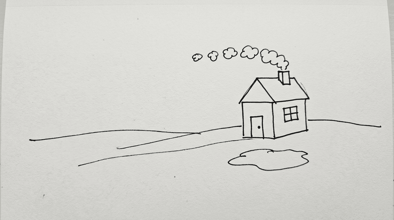 Marker sketch: the house with a small pool of water in front - what everyone now draws