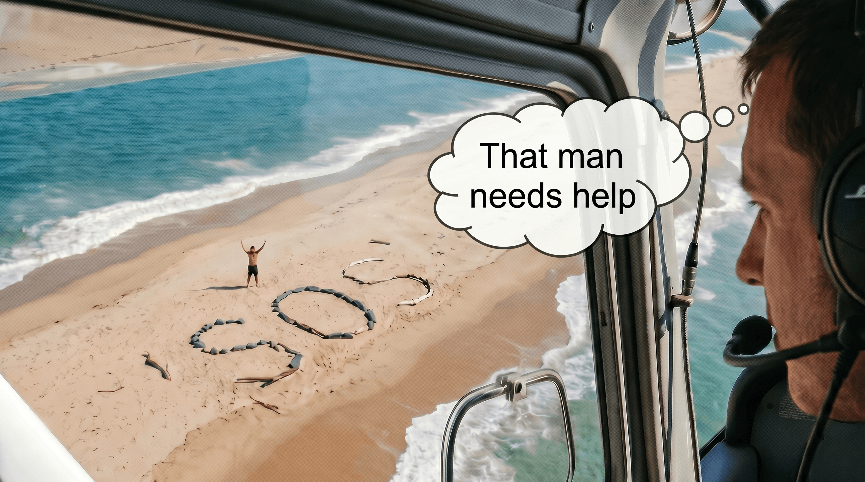 From a passing aircraft, a pilot looks down at SOS spelled in stones on a beach