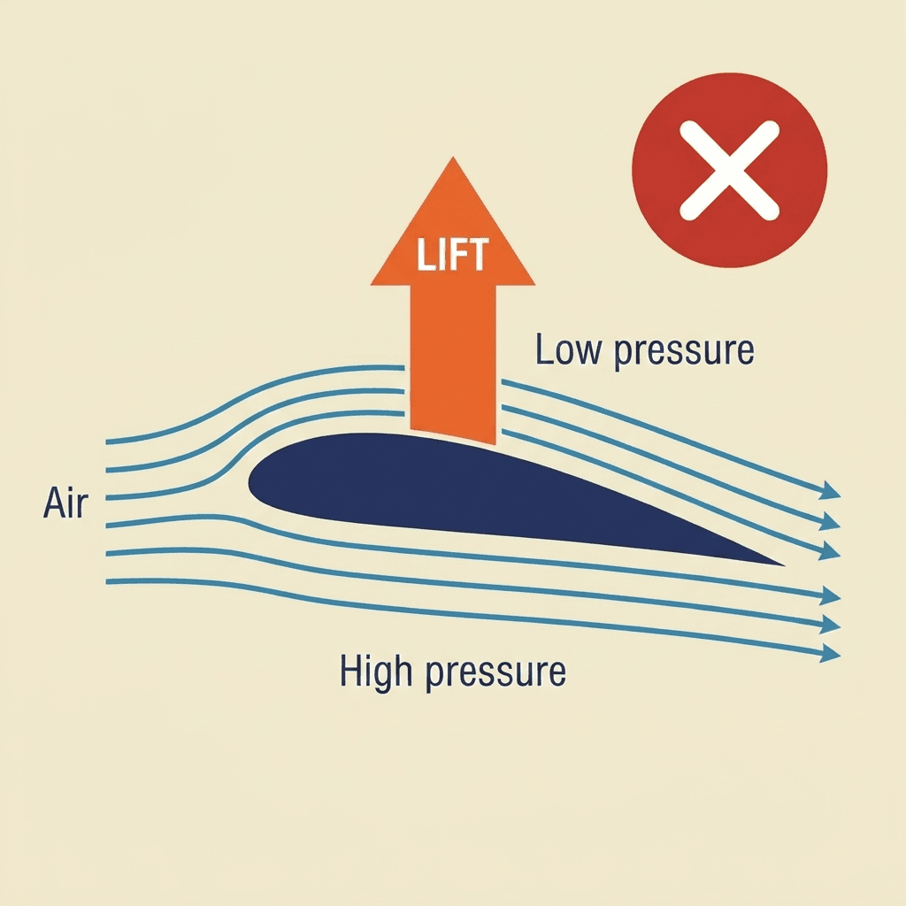 The same airfoil diagram, lift misunderstood - red X