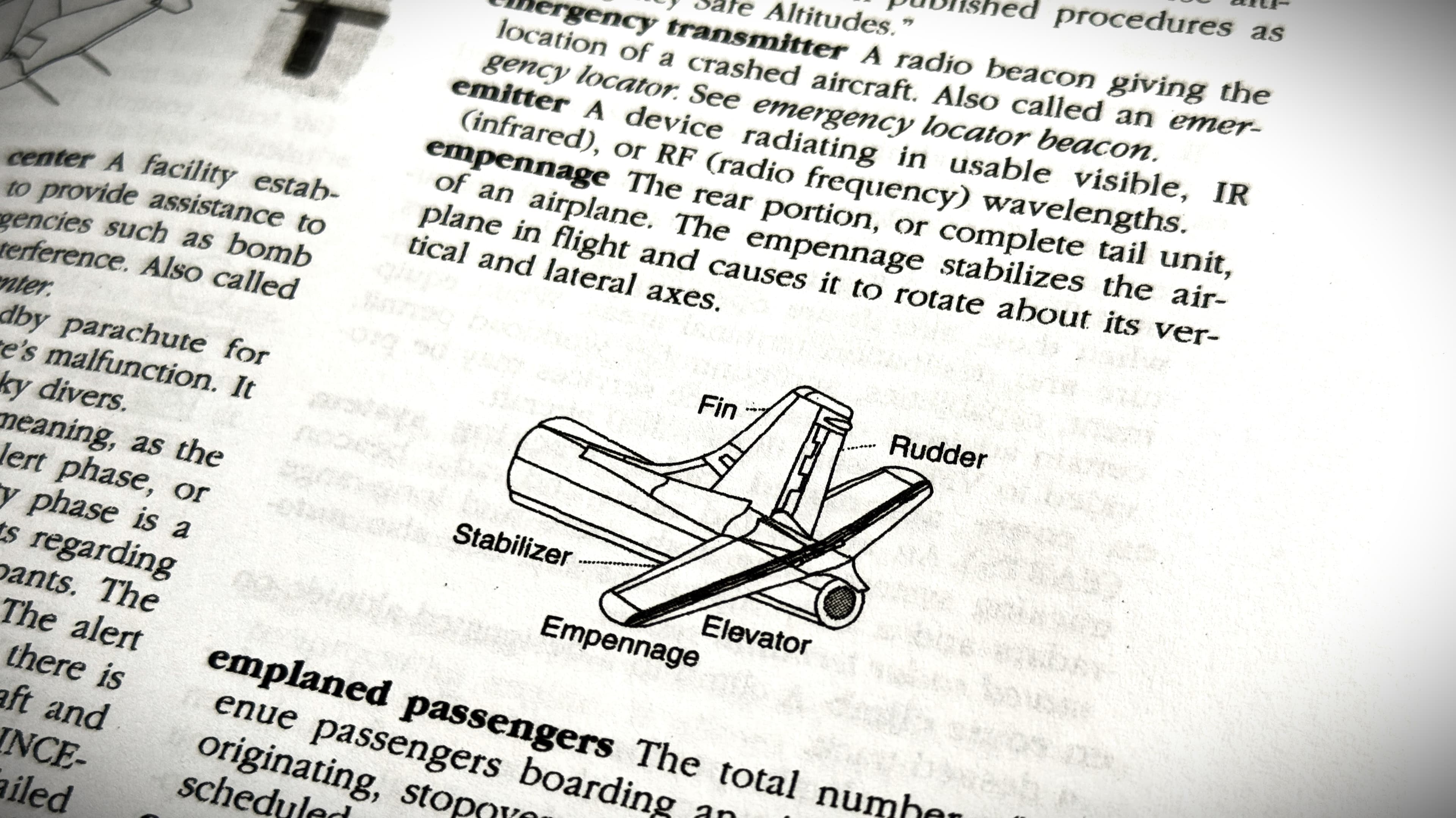 A printed dictionary entry for 'empennage' with a small diagram of an aircraft tail