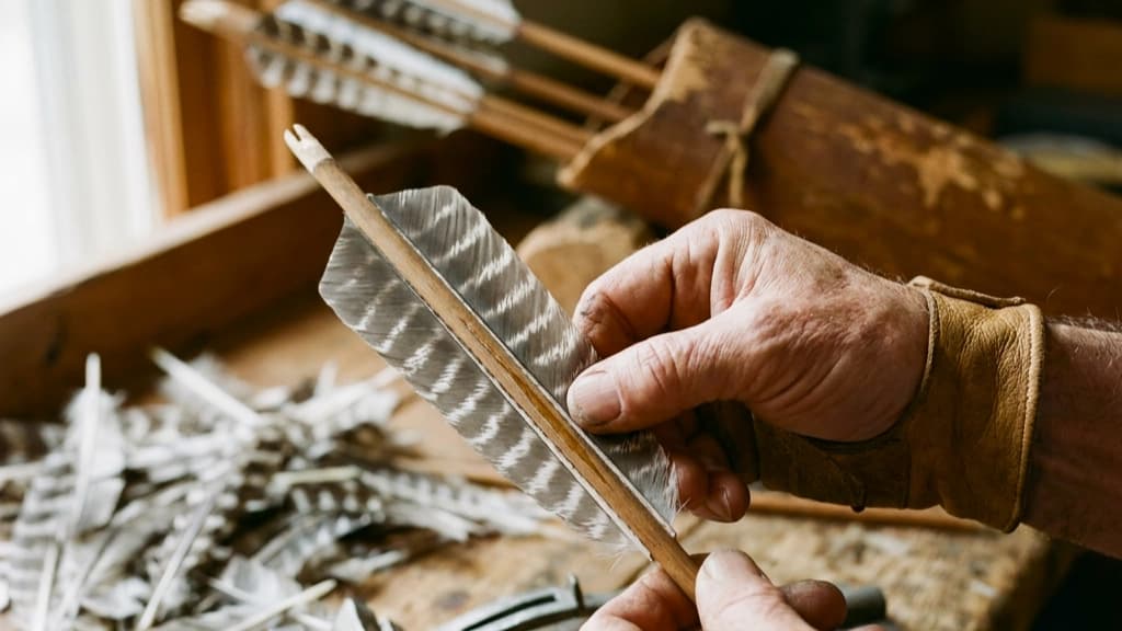 A craftsman fitting feathers - fletching - to the back of an arrow