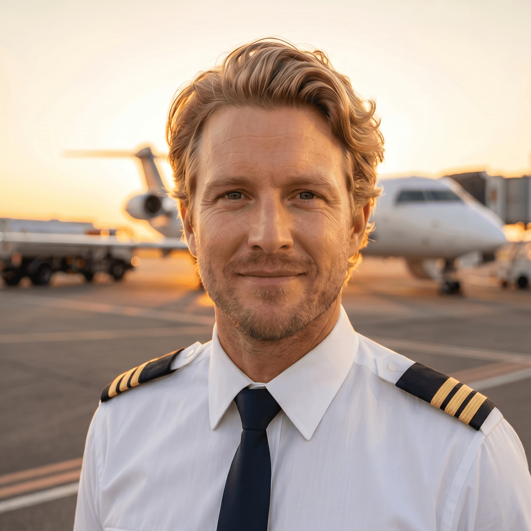 Charlie in uniform as a first officer, standing in front of a regional jet at sunrise