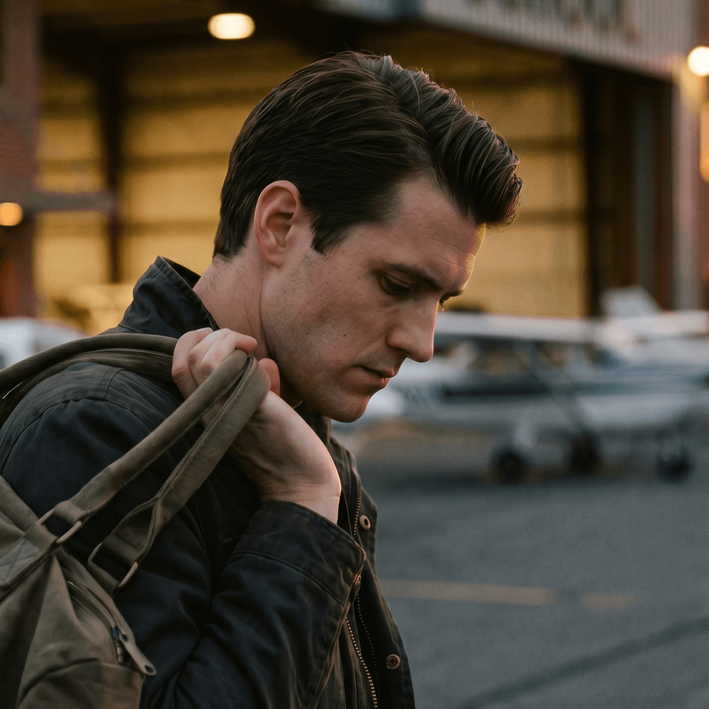 Joe walking away from the flight school at dusk, dejected - washed out