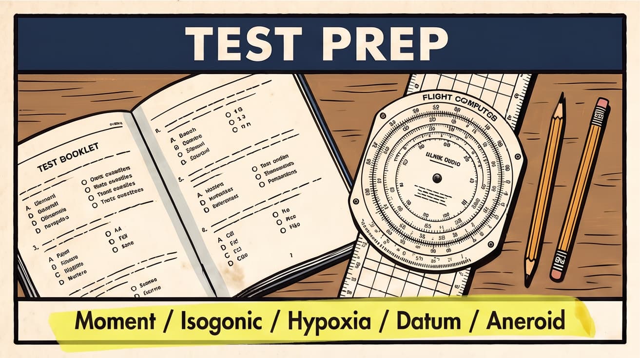 Test Prep - a painted panel of a test booklet, a flight computer and two pencils on a desk, with five aviation terms printed under it in a band of yellow highlighter: Moment, Isogonic, Hypoxia, Datum, Aneroid.