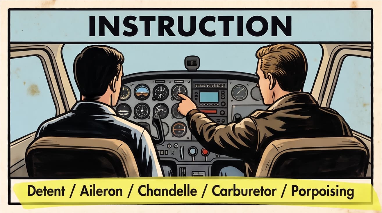 Instruction - an instructor and a student seen from behind in a cockpit, the instructor pointing at the panel, with five aviation terms printed under it in a band of yellow highlighter: Detent, Aileron, Chandelle, Carburetor, Porpoising.
