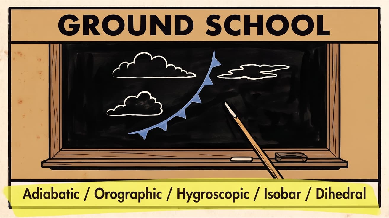 Ground School - a blackboard with clouds and a weather front chalked on it, with five aviation terms printed under it in a band of yellow highlighter: Adiabatic, Orographic, Hygroscopic, Isobar, Dihedral.