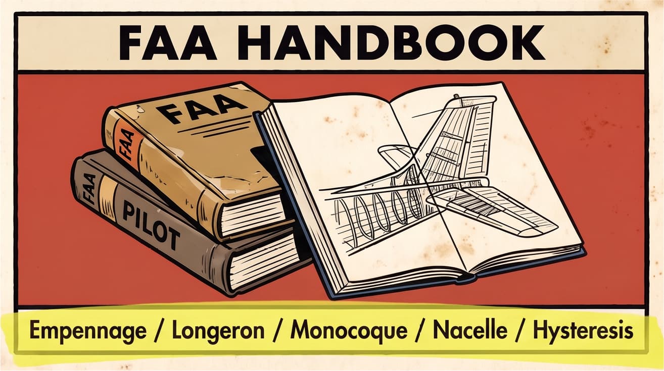 FAA Handbook - a stack of FAA books beside an open one showing a tail assembly, with five aviation terms printed under it in a band of yellow highlighter: Empennage, Longeron, Monocoque, Nacelle, Hysteresis.